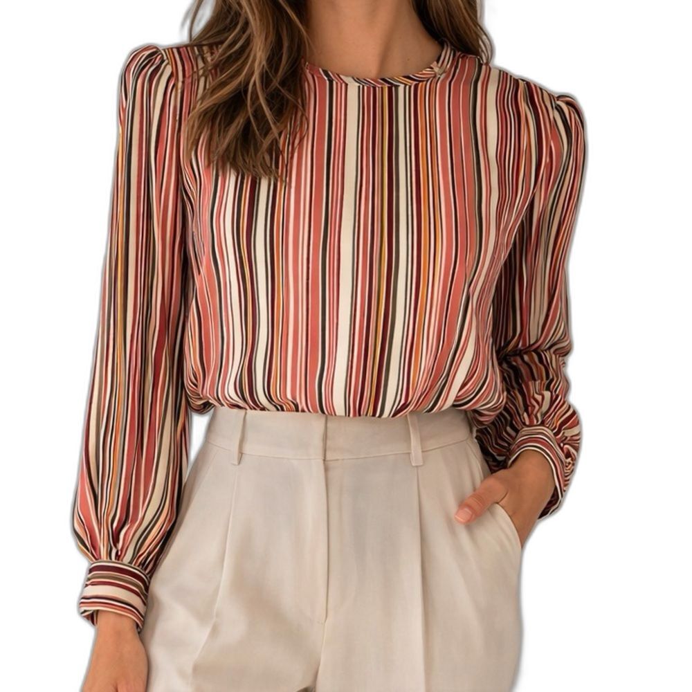 College Town Multicolor Stripe Blouse Button Shoulder Detail Retro Long Sleeve